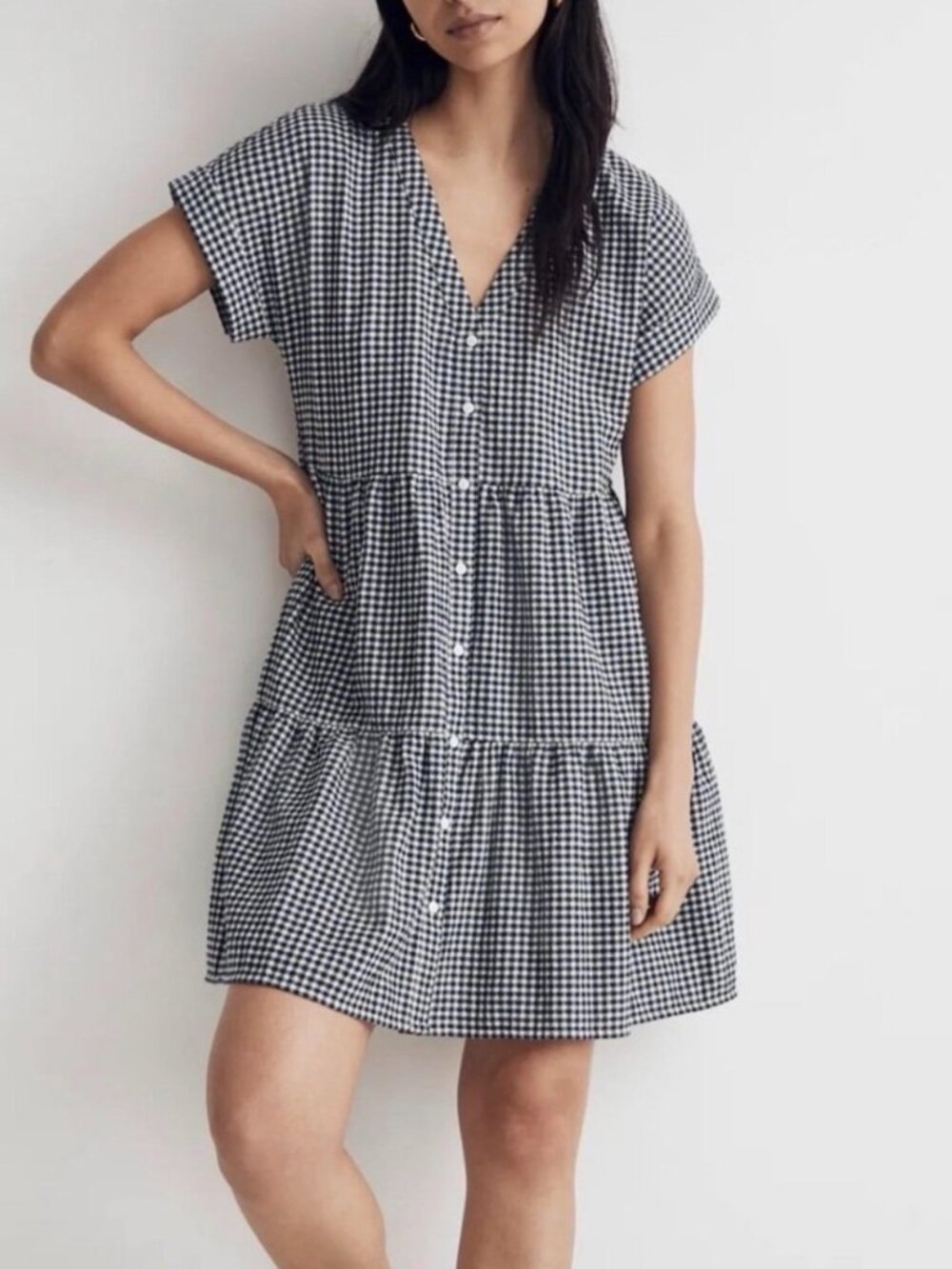 Madewell Cuff Sleeve Button Front Tiered Mini Dress Gingaham
